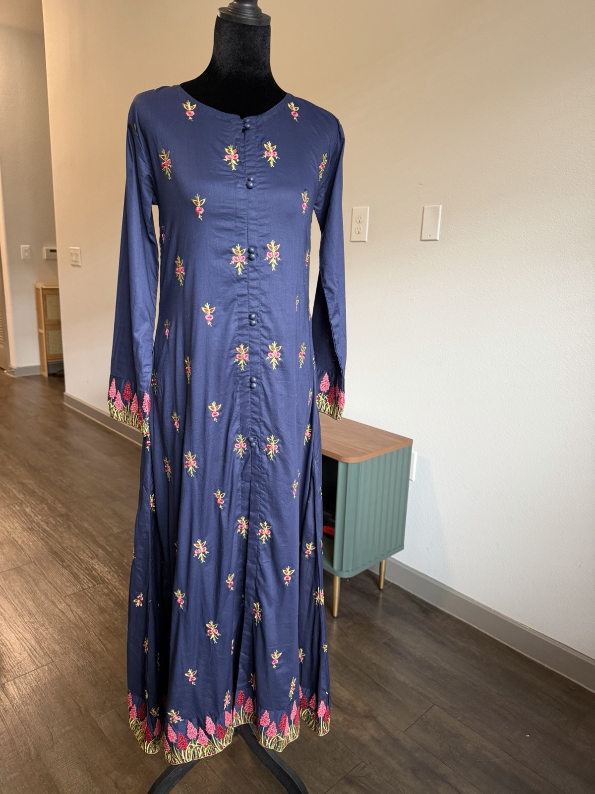 Navy Blue Cotton Lawn Embroidered Dress – Floral Pink & Green Design- XS