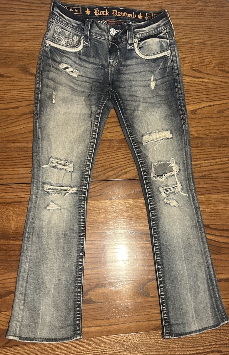 Rock Revival Embellished Distressed “Betty” Bootcut Jeans Size 25×29