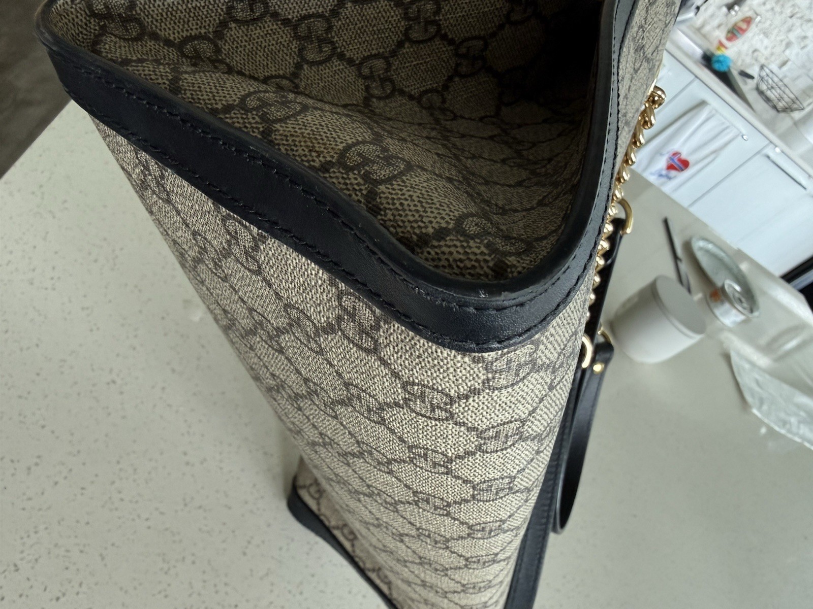 Gucci GG Padlock Medium Top Handle Bag Beige Black Gold Lock Chain Strap