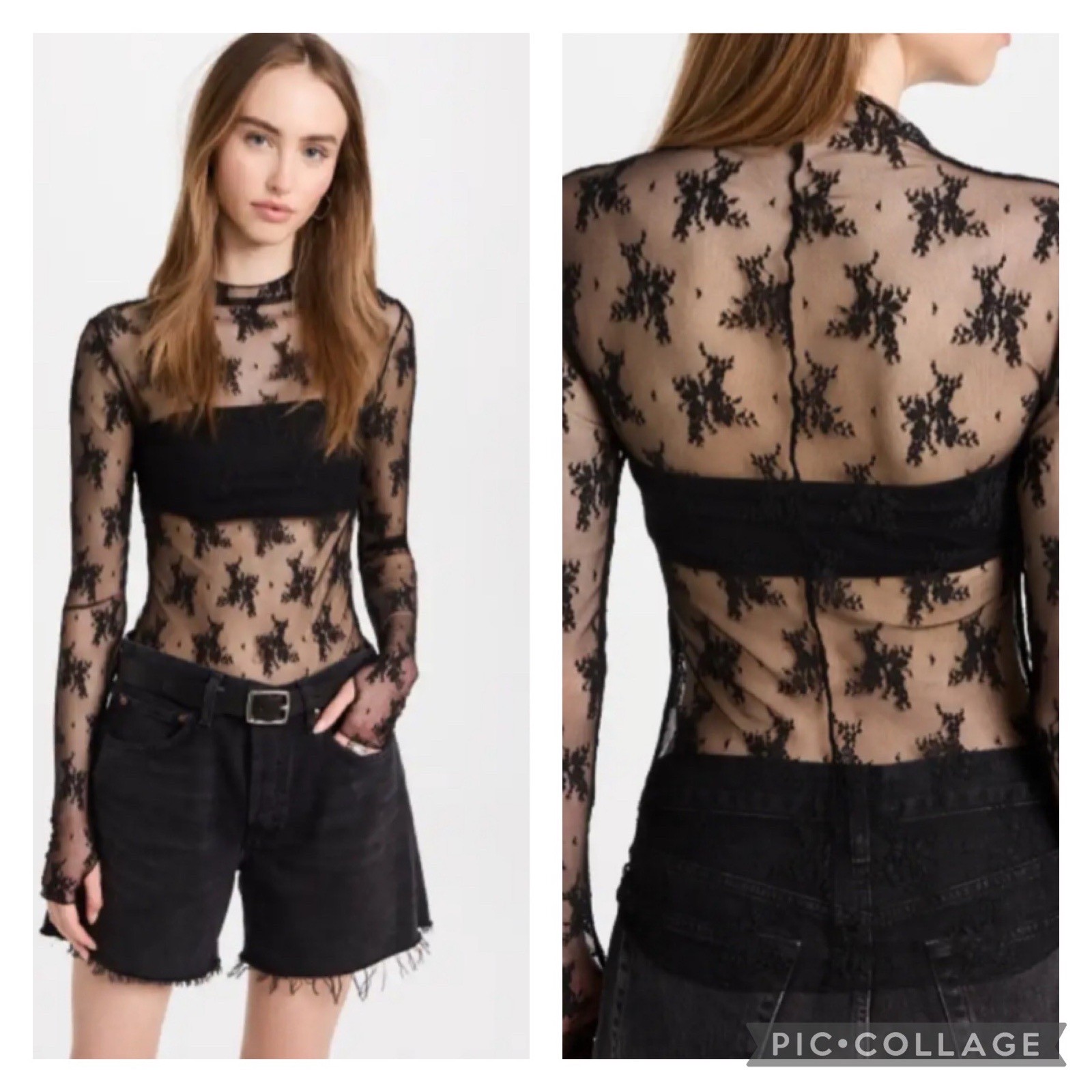 Intimately Free People Black Sheer Lace Lady Lux Long Levee Top Size XS