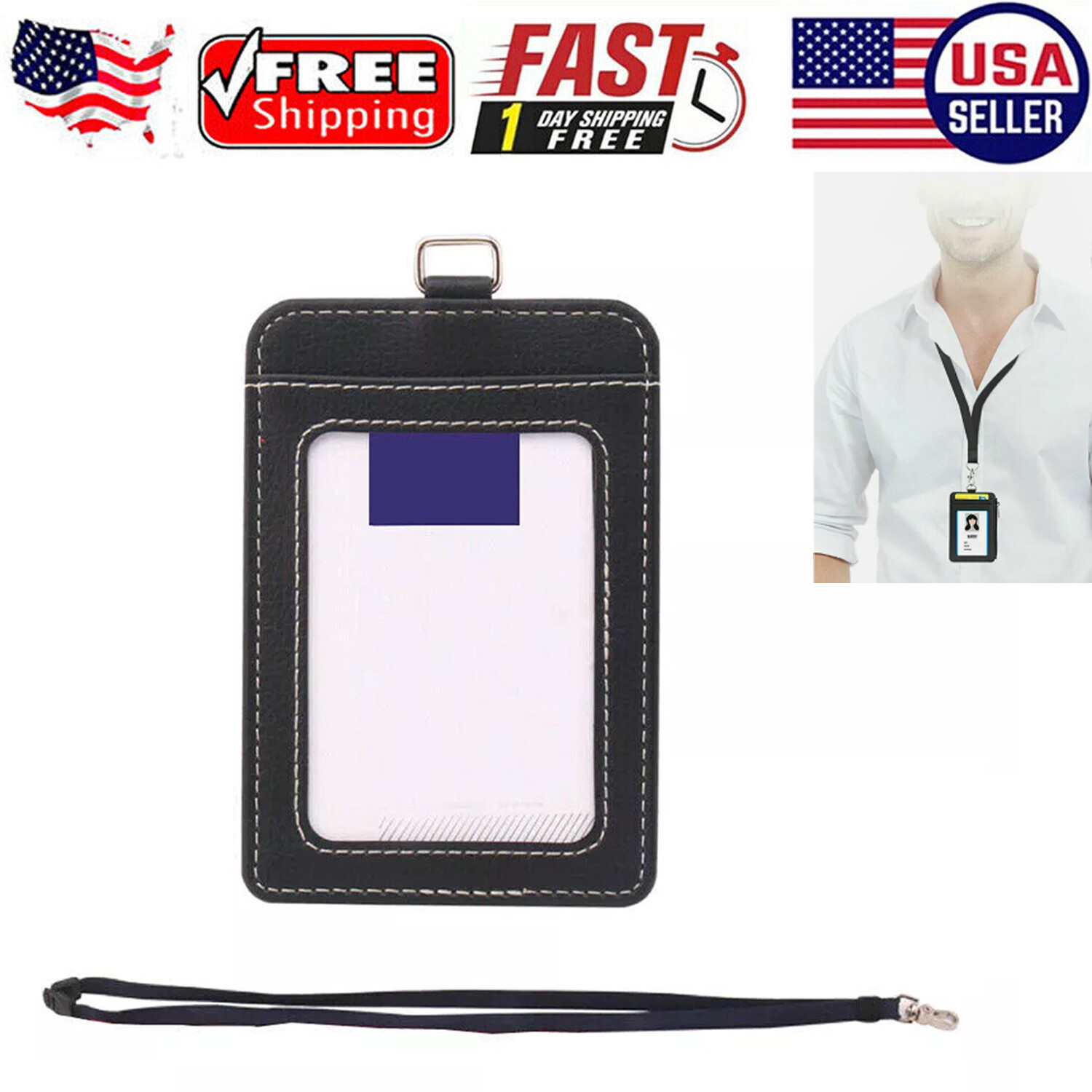1pc Pu Leather Id Card Holder With Lanyard Credit Card Wallet Card Case For Work