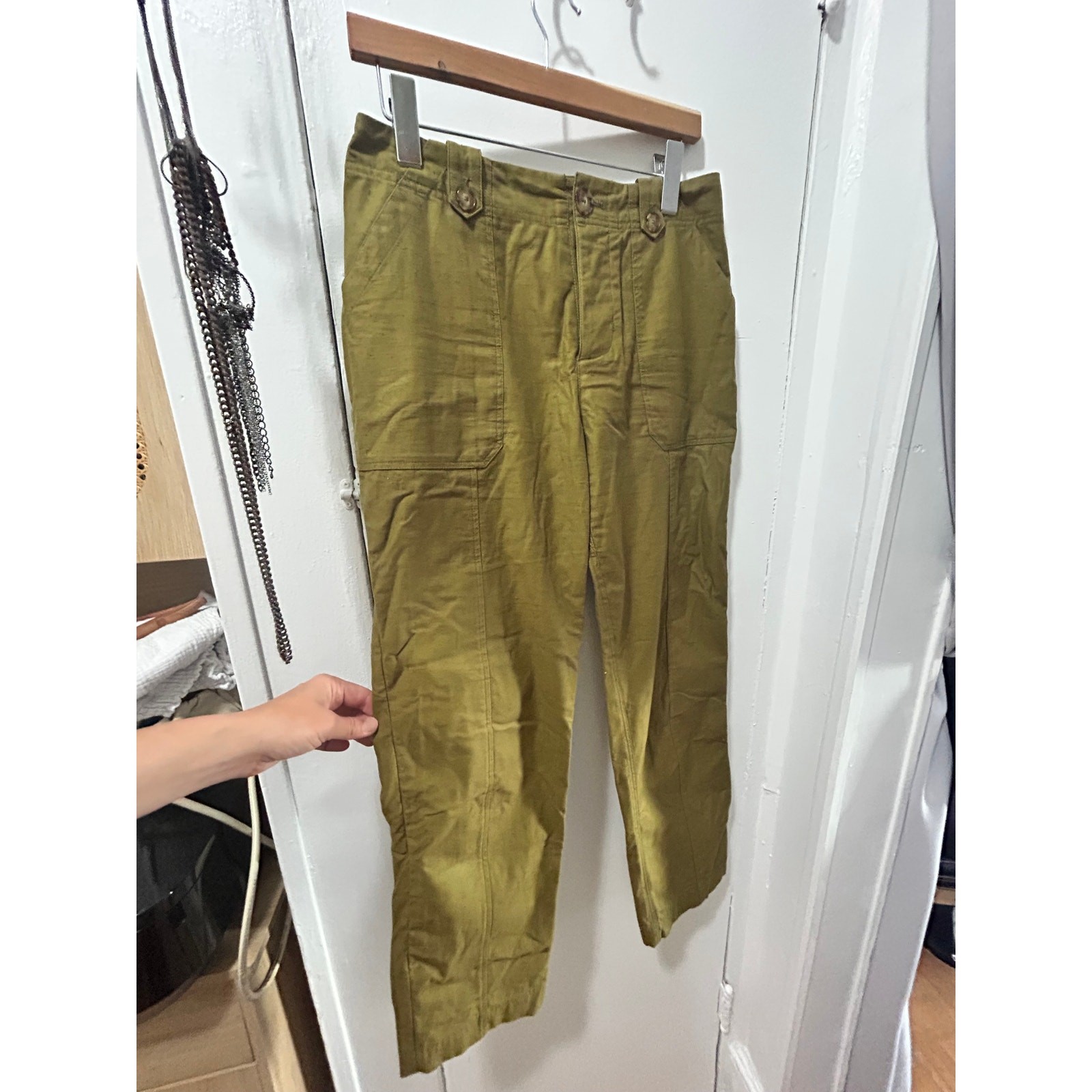 Sézane Romain Straight-Leg Textured Trousers in Khaki (Olive Green)