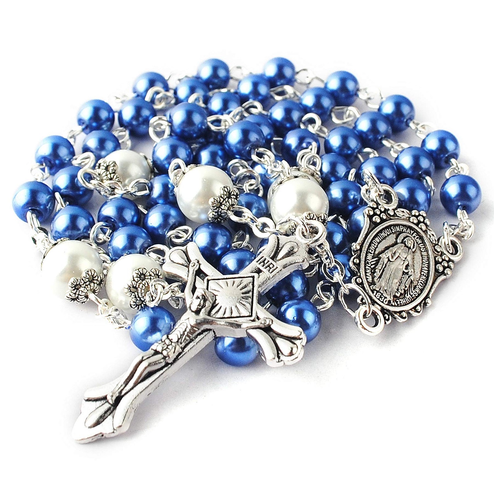 HanlinCC 6mm Glass 53cm (20.8 inches), Blue Rosary with Miraculous Gift Box