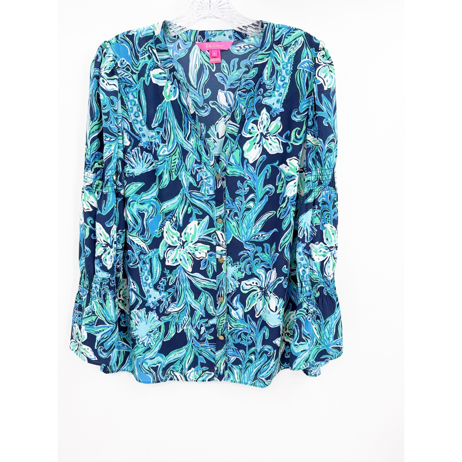Lilly Pulitzer Maritza Top High Tide Take It or Leaf It Blue Floral Blouse S