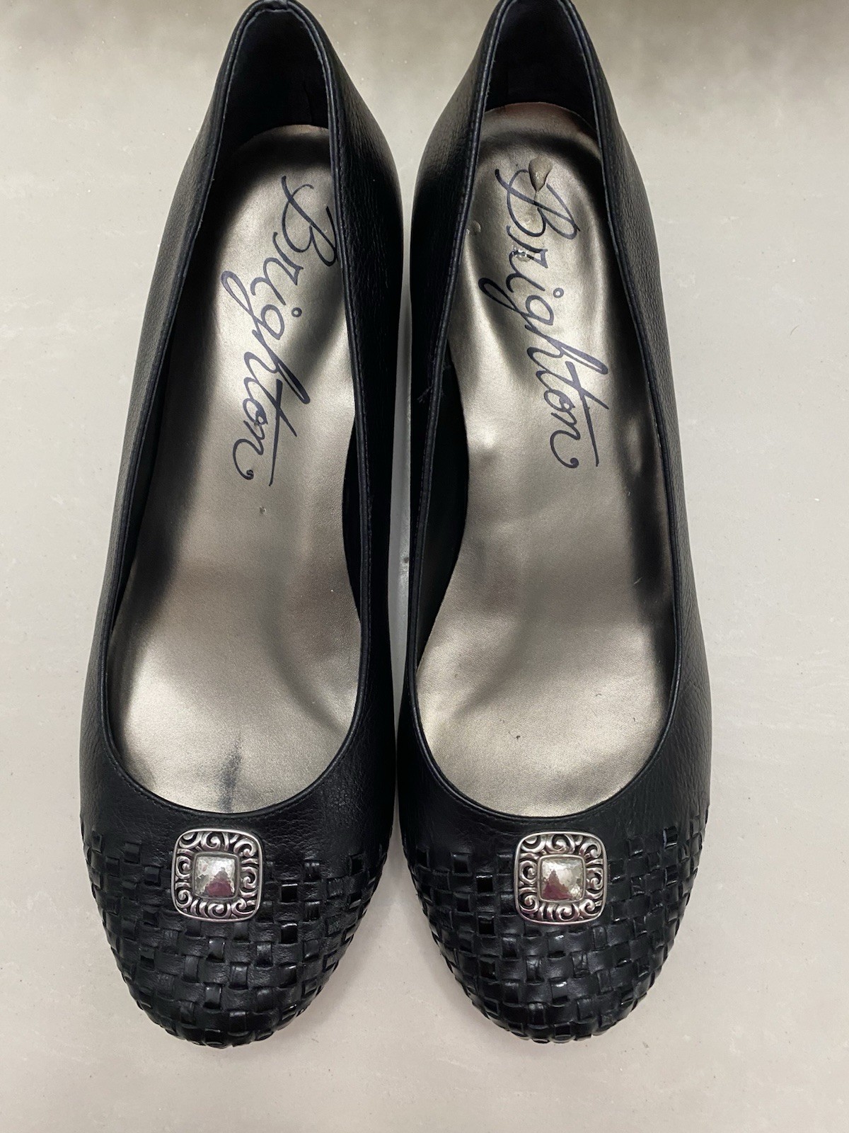 Brighton Black Leather Woven Medallion Slip-On Flats Women’s Size 9.5