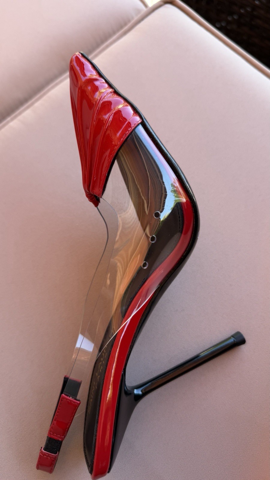 Saint Laurent Red Patent Leather & Clear PVC Pointed Toe Slingback Heels 36