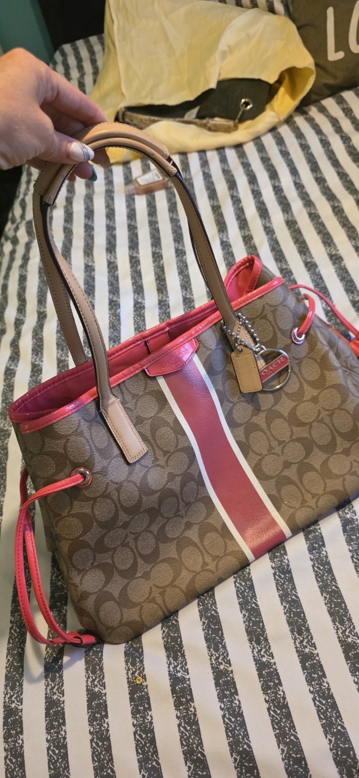 COACH Signature Stripe Mulberry/ Khaki Large Carryall