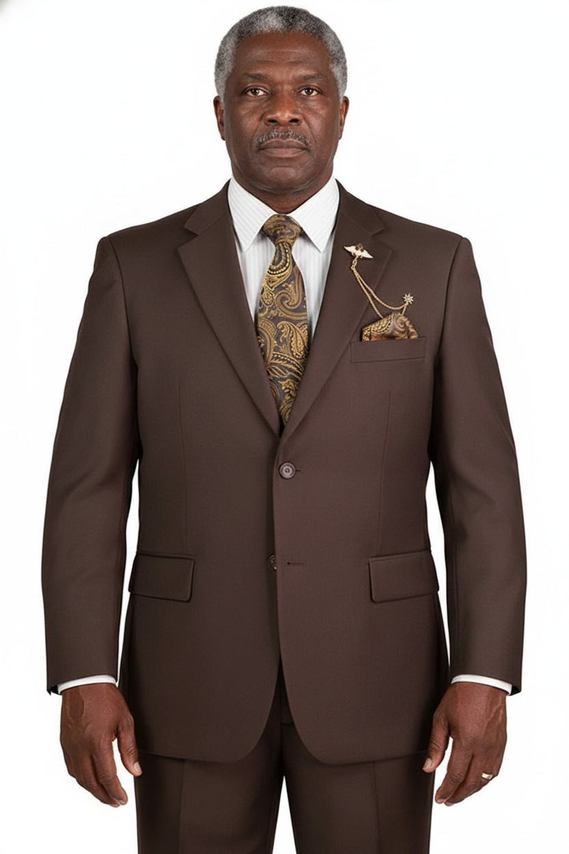 VINCI Men Solid Color Elastic Waistband Classic Regular Fit Suit Brown