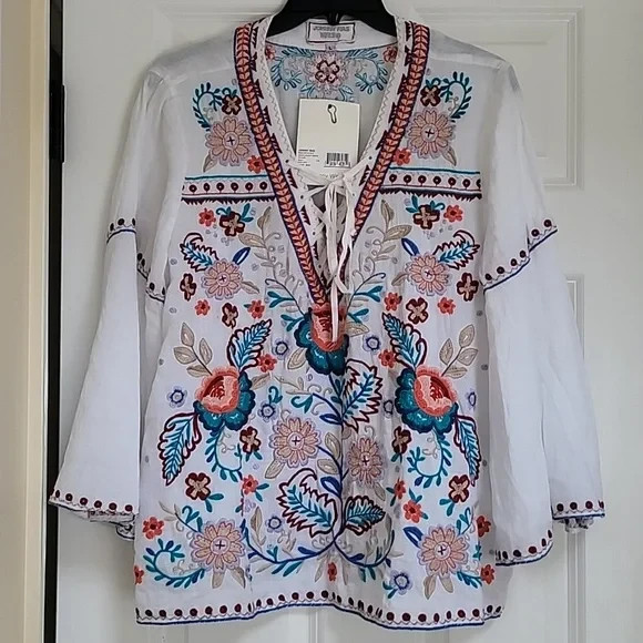 Johnny Was Oman Laceup Swing Embroidered Blouse Size L