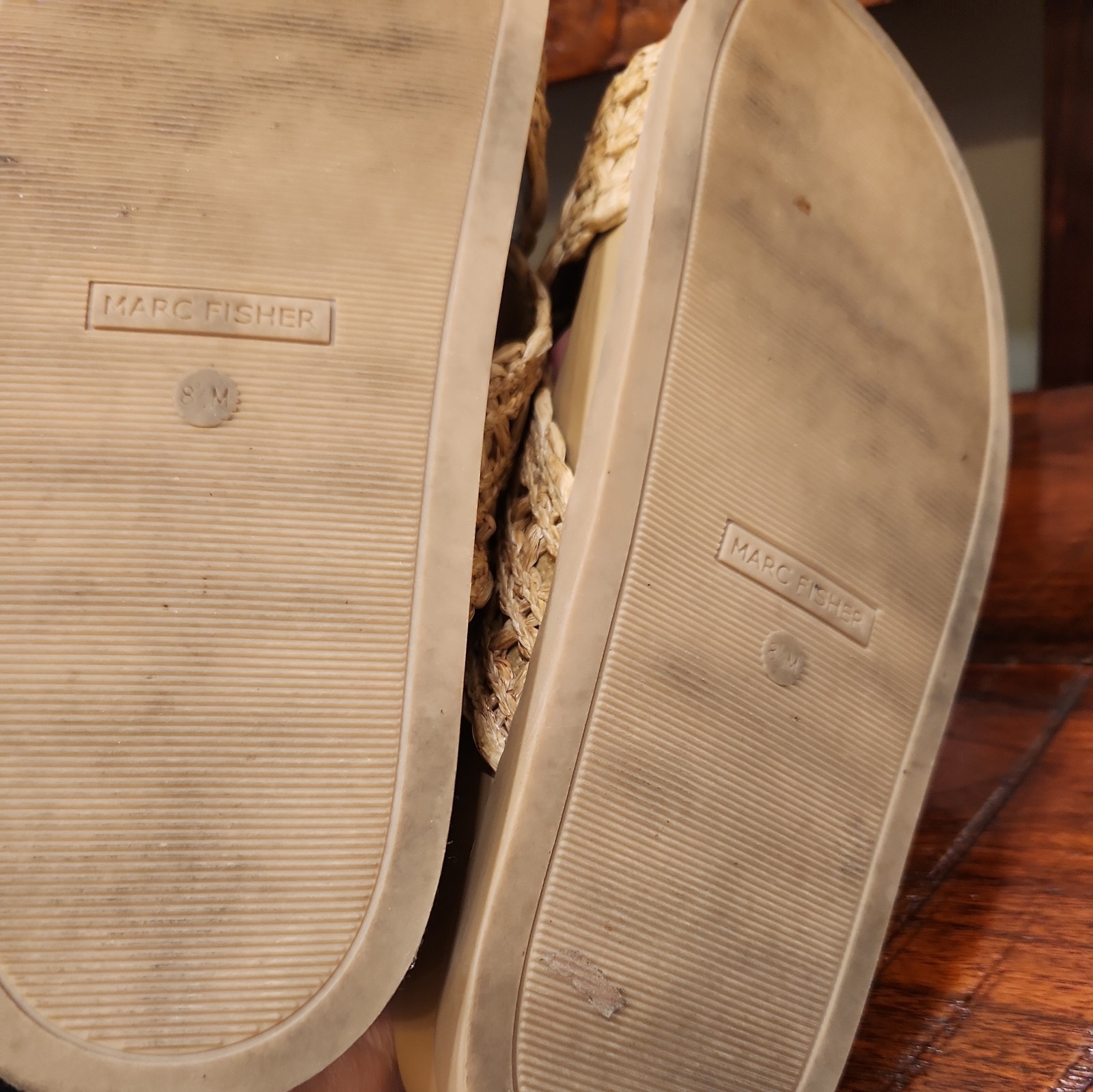 Marc Fisher Welti Sandals Slip On Slide Platform Wedge Tan Straw Buckle 8.5