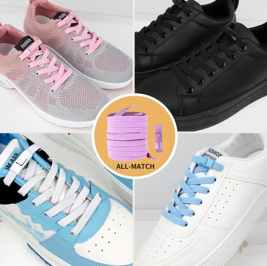 1pair Elastic No-Tie Shoelaces Press Lock Flat Sneaker Laces for Kids Adults