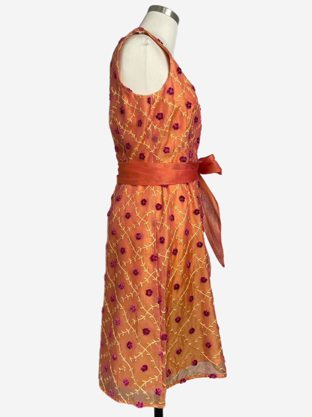 Vintage Y2K Sara Campbell Orange silk embroidered 3D floral midi dress bow 6