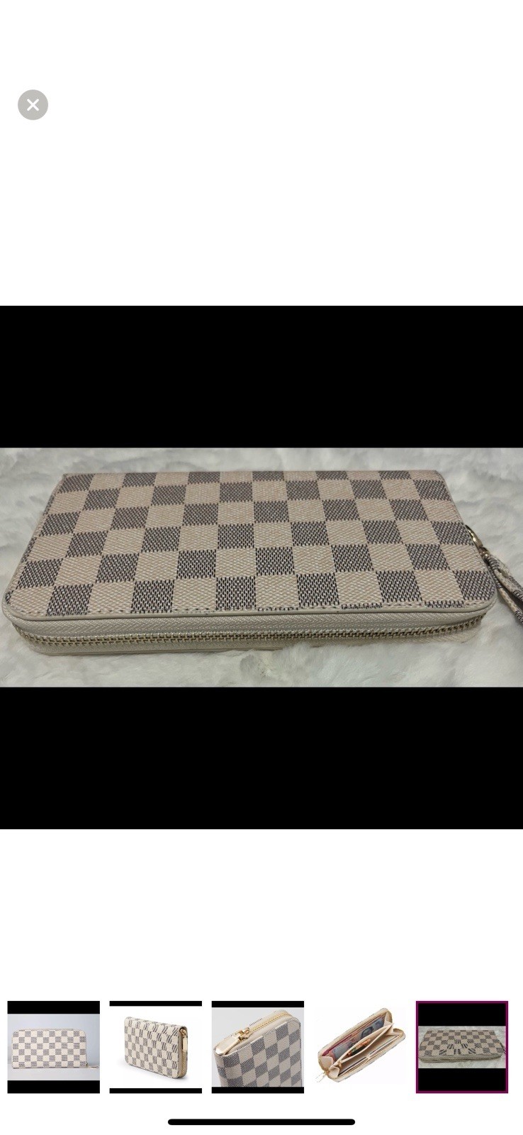 Cream Off White/ Grey Checkered Zip Wallet Clutch Wristlet Coin Card Cash Purse
