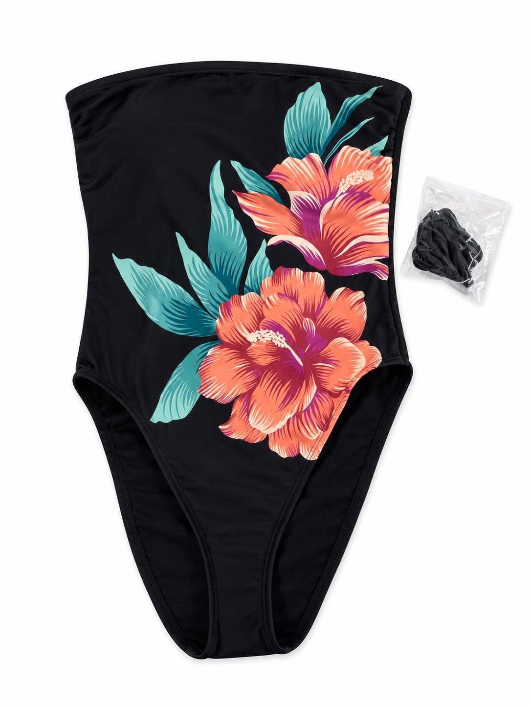 Women’s Bandeau High Leg Cheeky Swimsuit – Shade & Shore Black Floral Sz SM