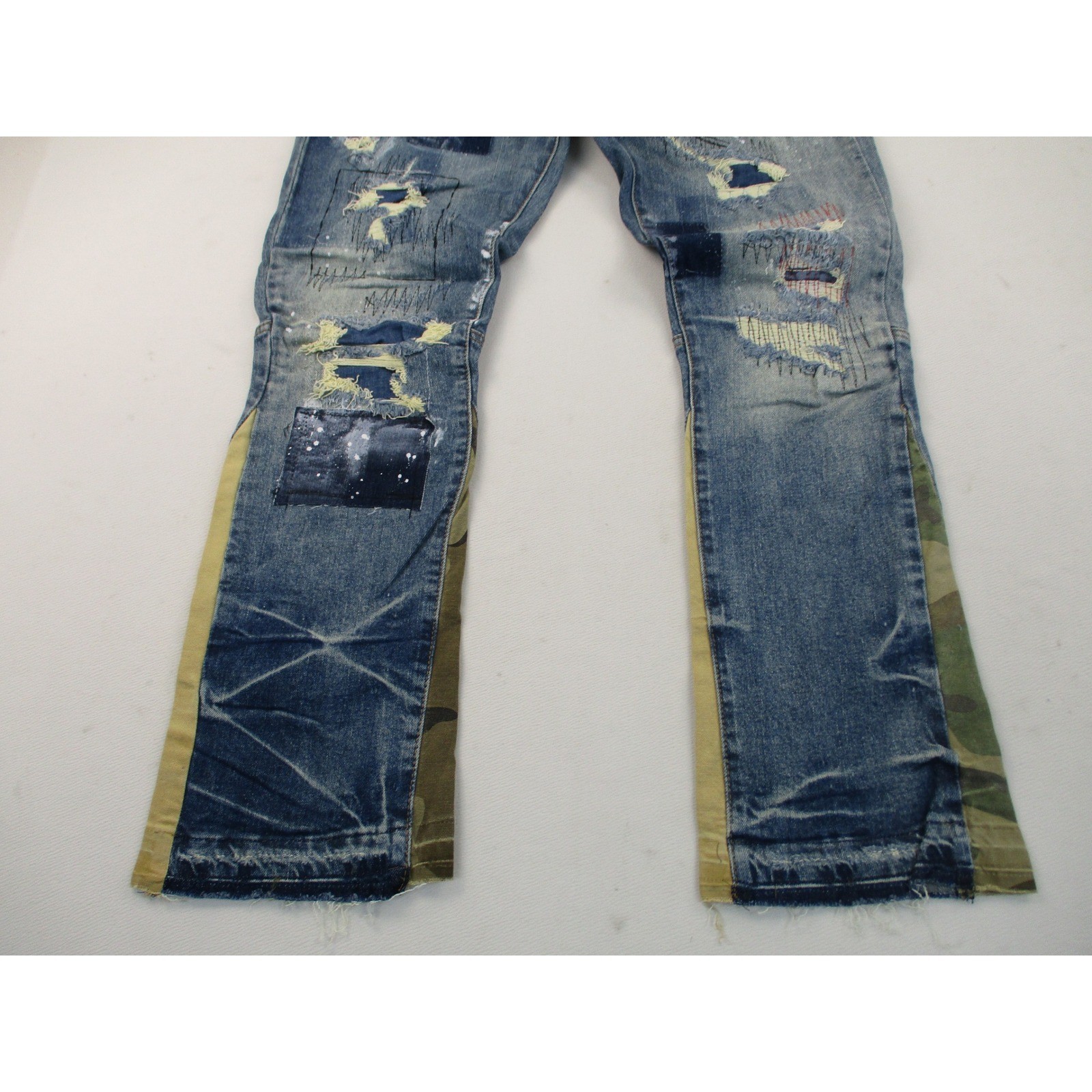 First Row Jeans Mens 36 Blue Slim Straight Distressed Patchwork Camo Utility