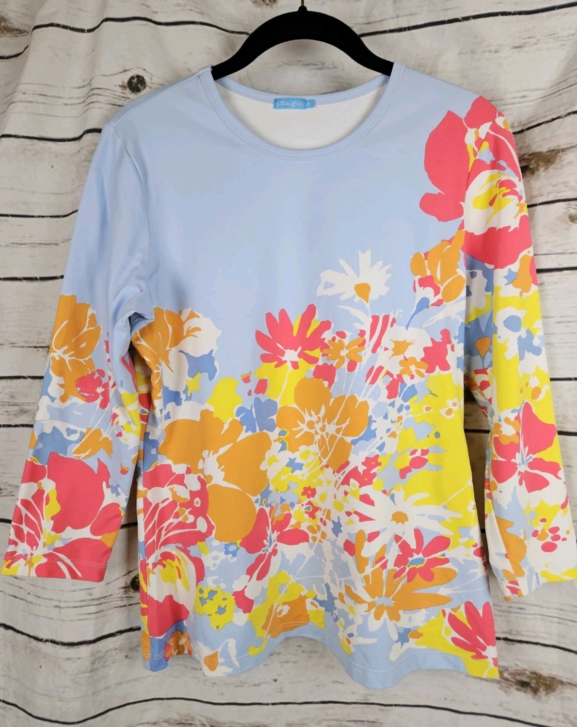 J McLaughlin Floral Print Catalina Cloth Top M Blue 3/4 Sleeves Nylon