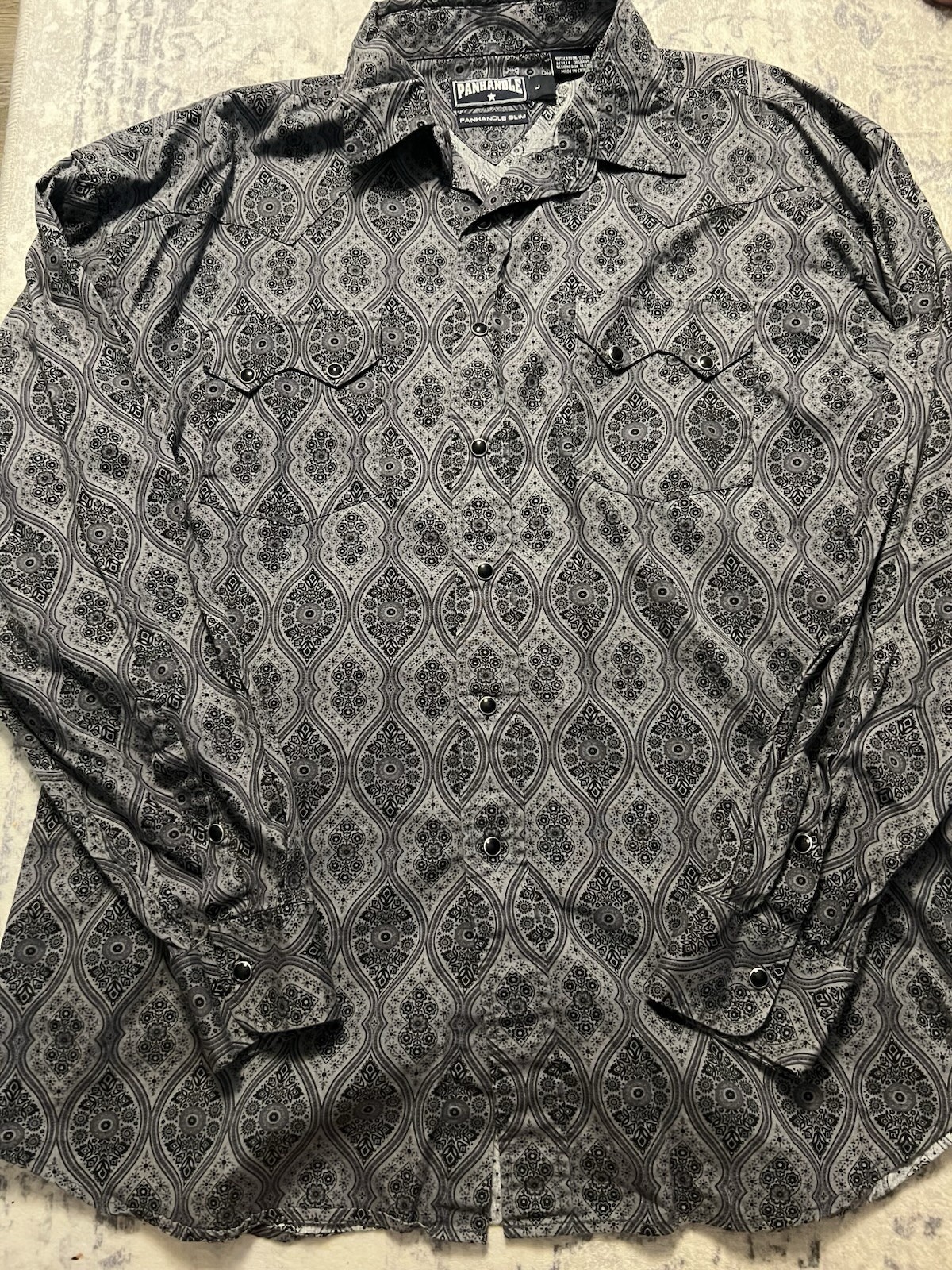 Panhandle Slim Western Geometric Snap Button-Up Shirt Gray Black Pockets L