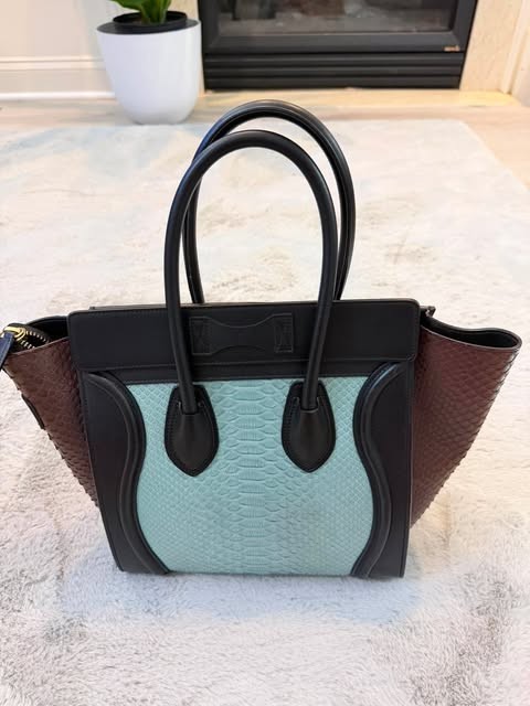 Authentic Celine Luggage Phantom Bag Handbag Black Mint Python Leather