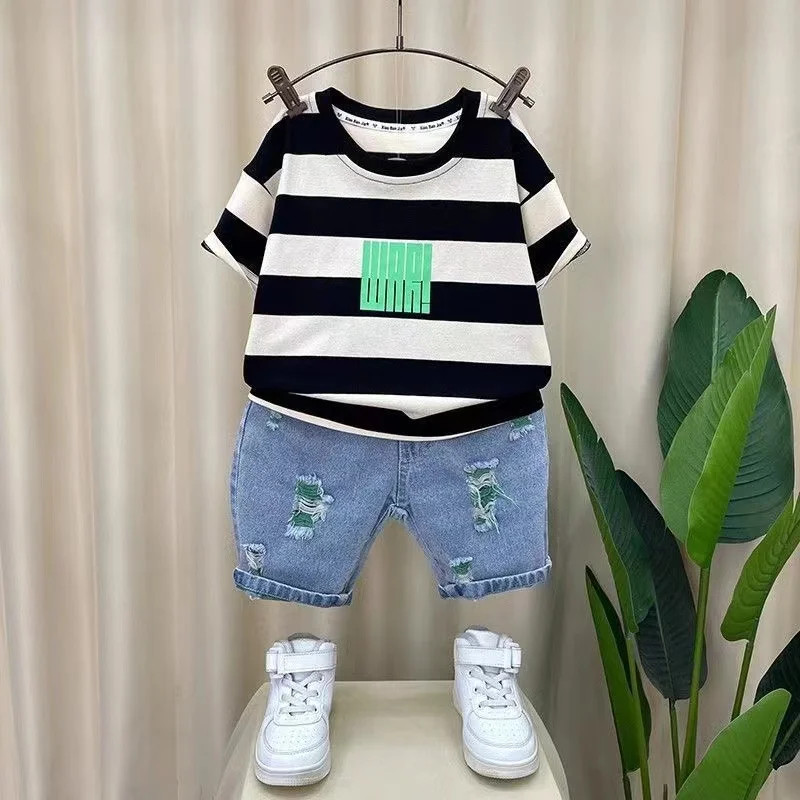 Fashion Short Sleeve Striped T-Shirt Tops and Jeans Shorts Baby Boys Clothes Kid