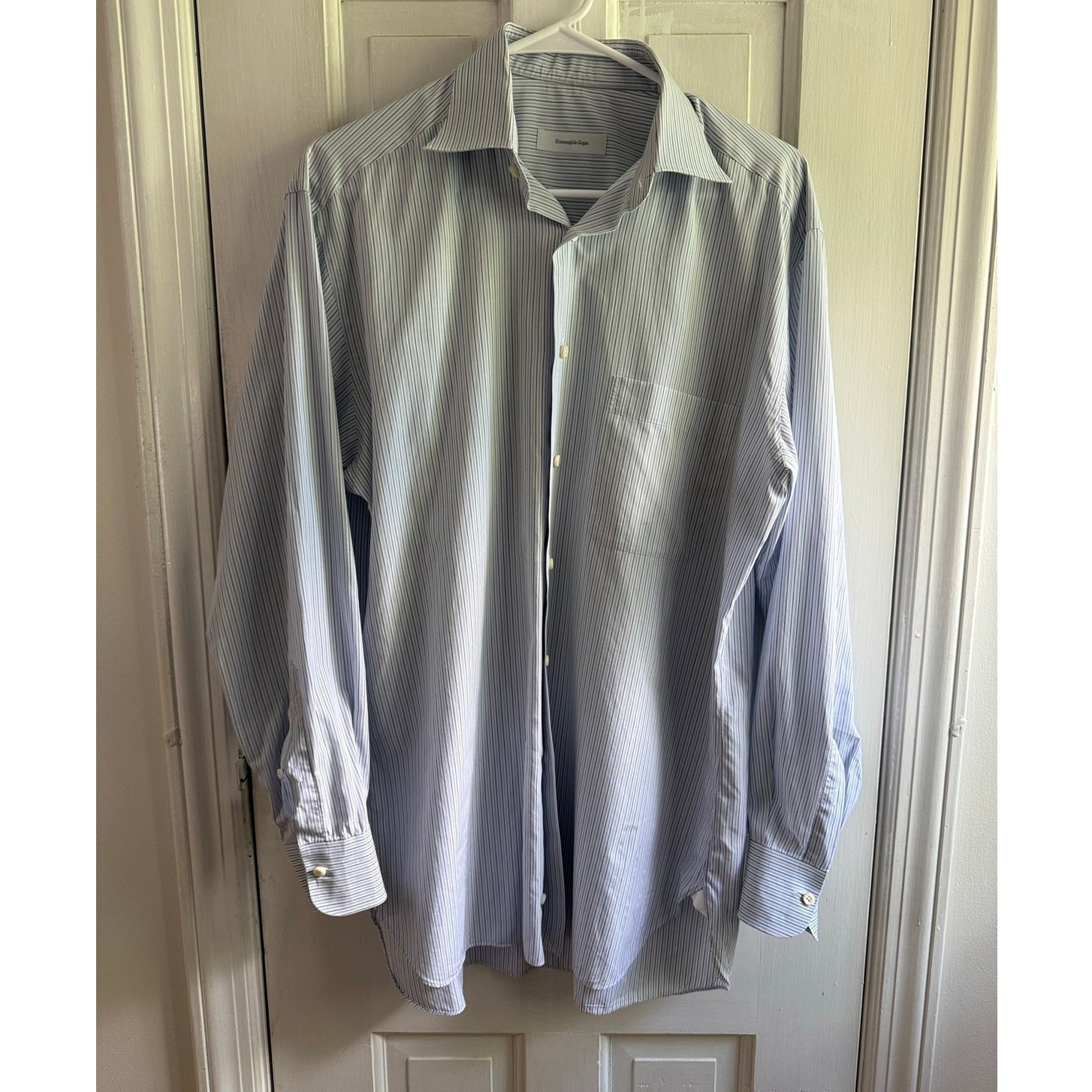Ermenegildo Zegna Dress Shirt 15.5 39 M Blue White Striped Luxury Italian EUC