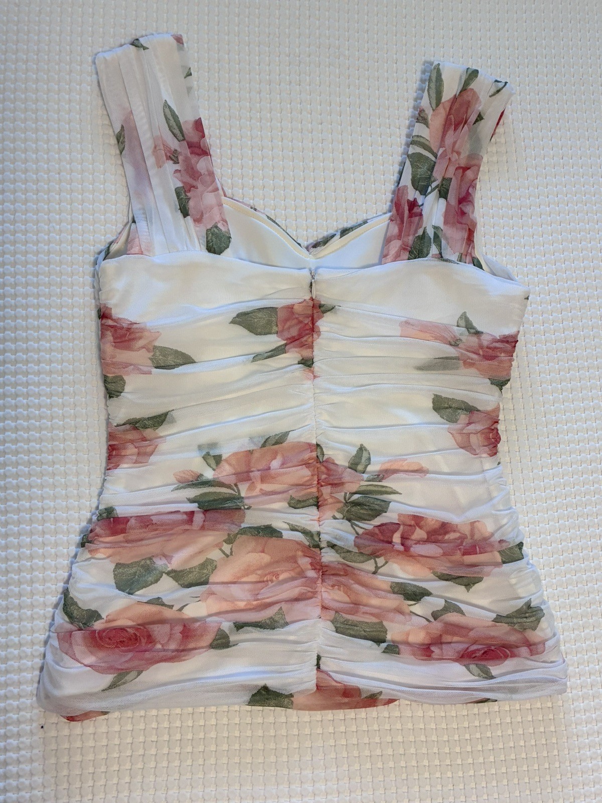 Venus Floral Mesh Ruched Sweetheart Neckline Top Pink Rose Sleeveless Blouse L