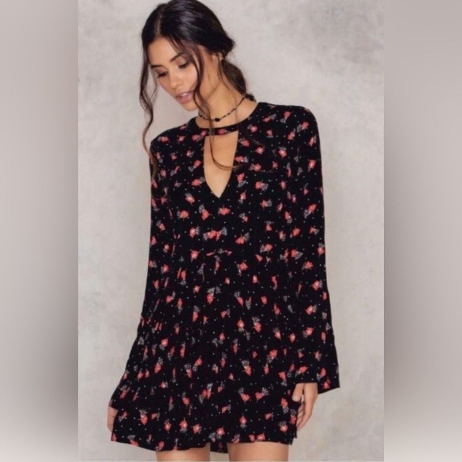 Free People ladies NWT Black Floral Combo Tegan Mini Dress. Size 2.