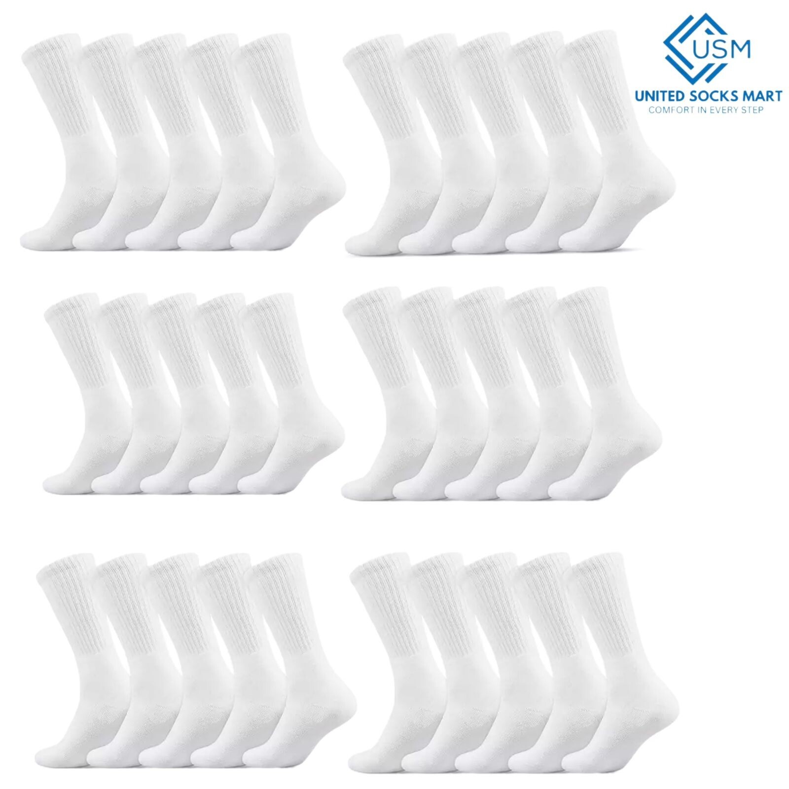 60 Pairs Wholesale Bulk Men’s Solid White Sports Cotton Crew Socks 9-11 10-13