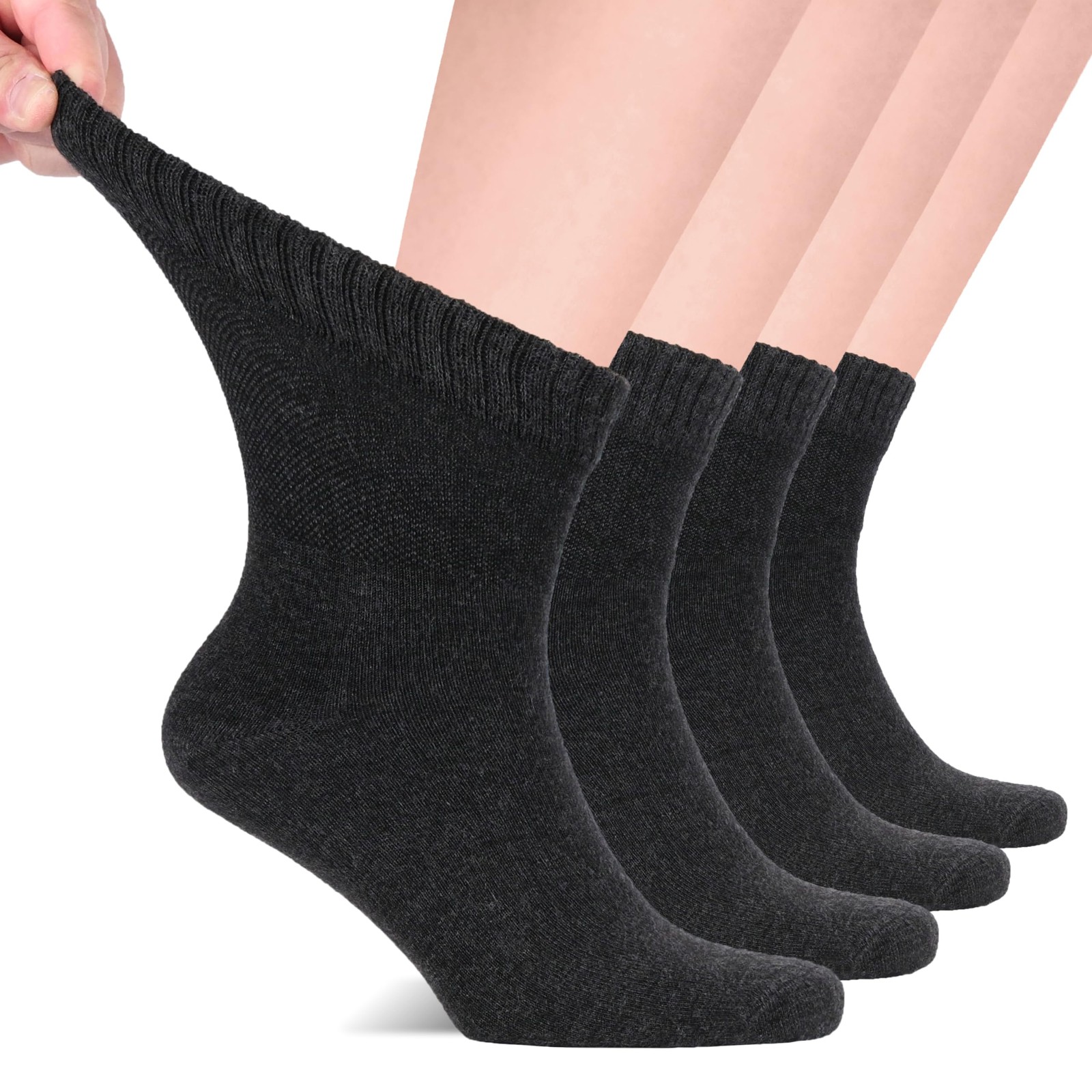 Hugh Ugoli Diabetic Socks for Men, Loose 8-11, 07- Charcoal Black (4 Pairs)