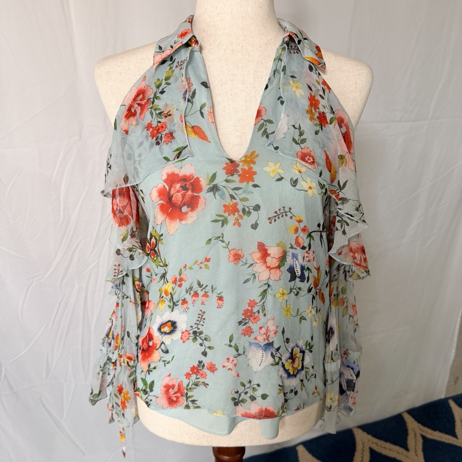 Alice + Olivia Blayne Floral Print Cold-shoulder Silk Top blouse,NWT