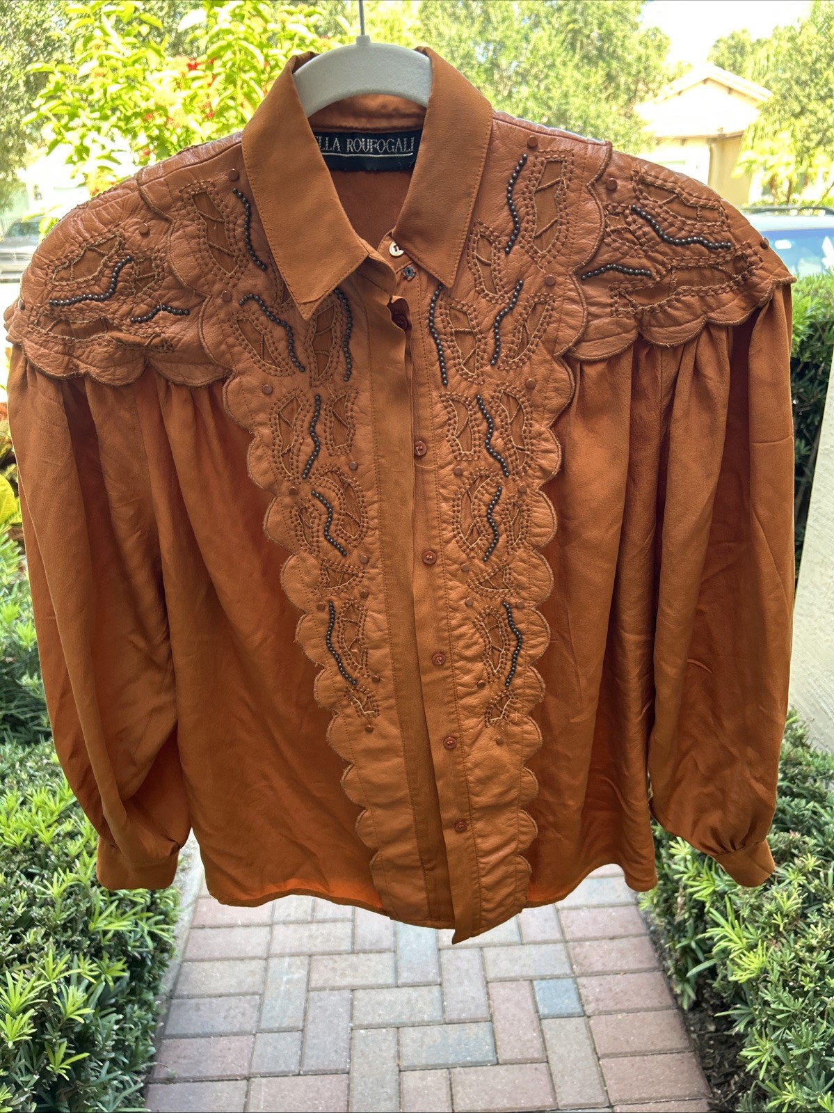 Vintage Della Roufogali Blouse Brown Size 8 100% Silk and Leather Western Style