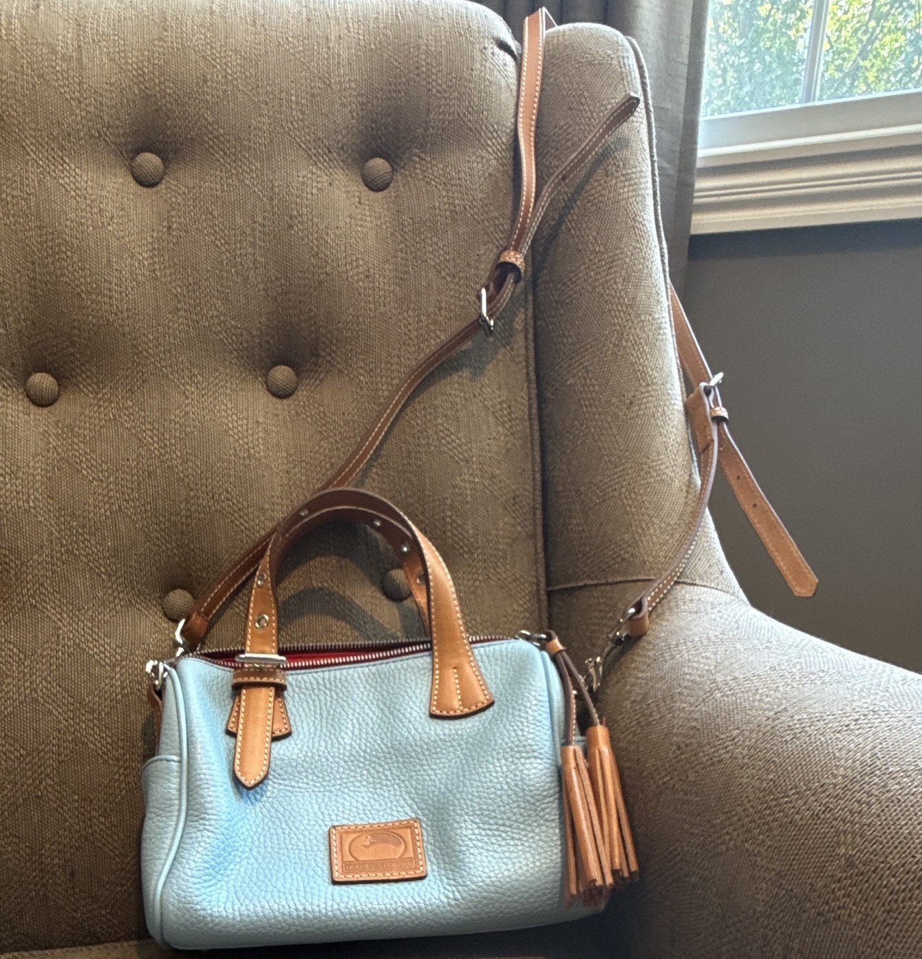 Dooney & Bourke Pebbled Blue/Brown Zip Satchel, Crossbody Strap, Studs