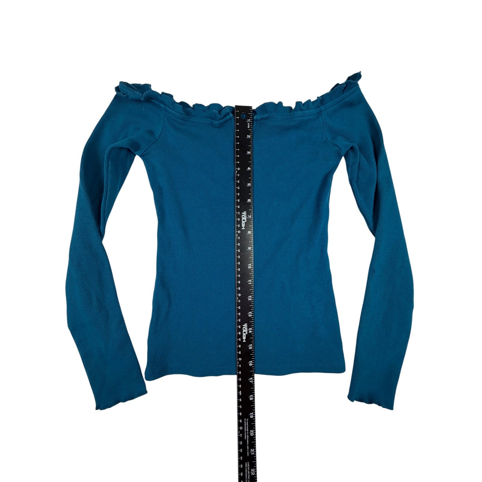 Aeropostale Teal Blue Ribbed Off Shoulder Ruffle V-Notch Long Sleeve Top Small