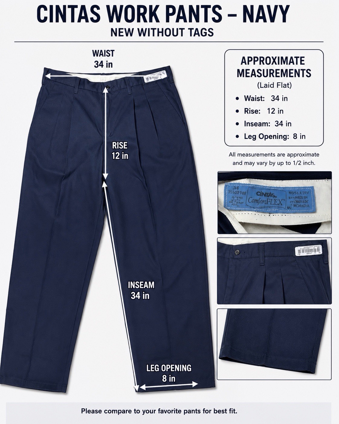 Cintas Comfort Flex Work Pants Size 34 Navy #865-20 Very Comfortable 4 Pockets