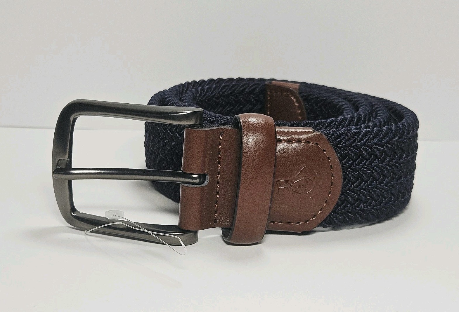 Penguin Men’s Belt Size S 30-32 Navy Blue Woven Brown Leather Stretch NWT