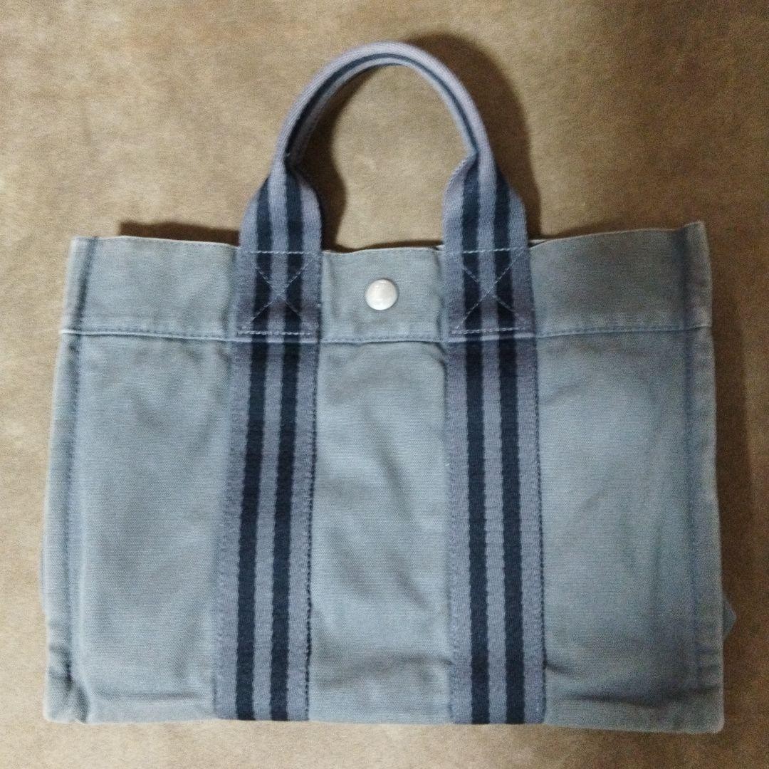 HERMES Fourre Tout PM Mini Handbag Tote Bag Canvas Gray Light Blue Used Auth