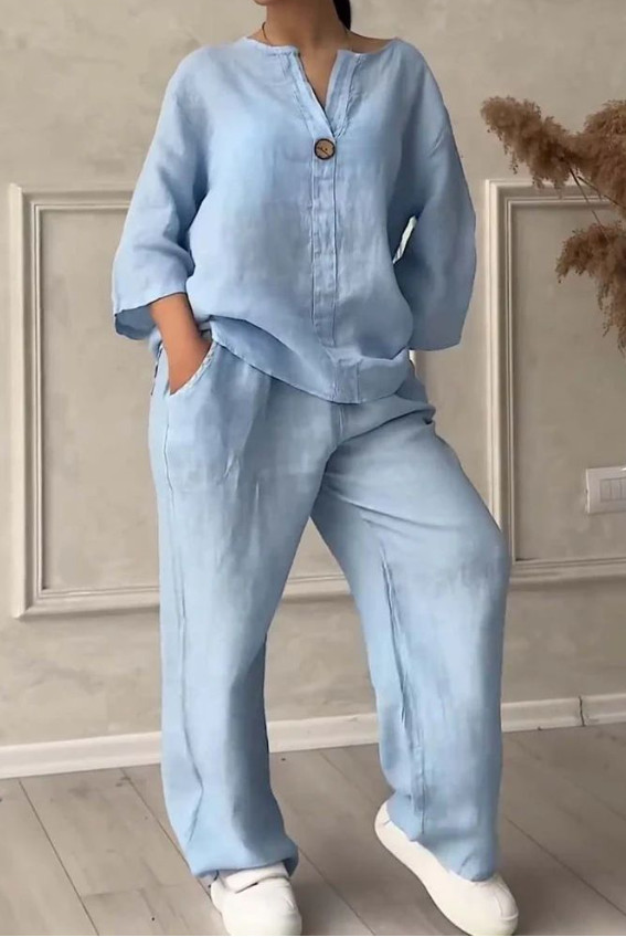 Women’s 2-Piece Linen Blend Shirt and Wide Leg Pants Summer Casual Outfit