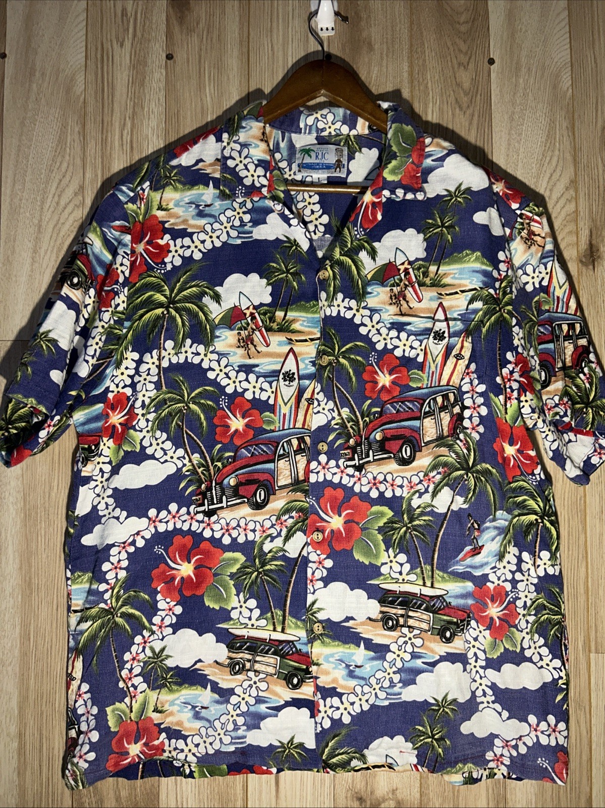 RJC Limited Hawaiian Vintage Shirt- Beach Cars Tropical Floral Leis Woody MENS L