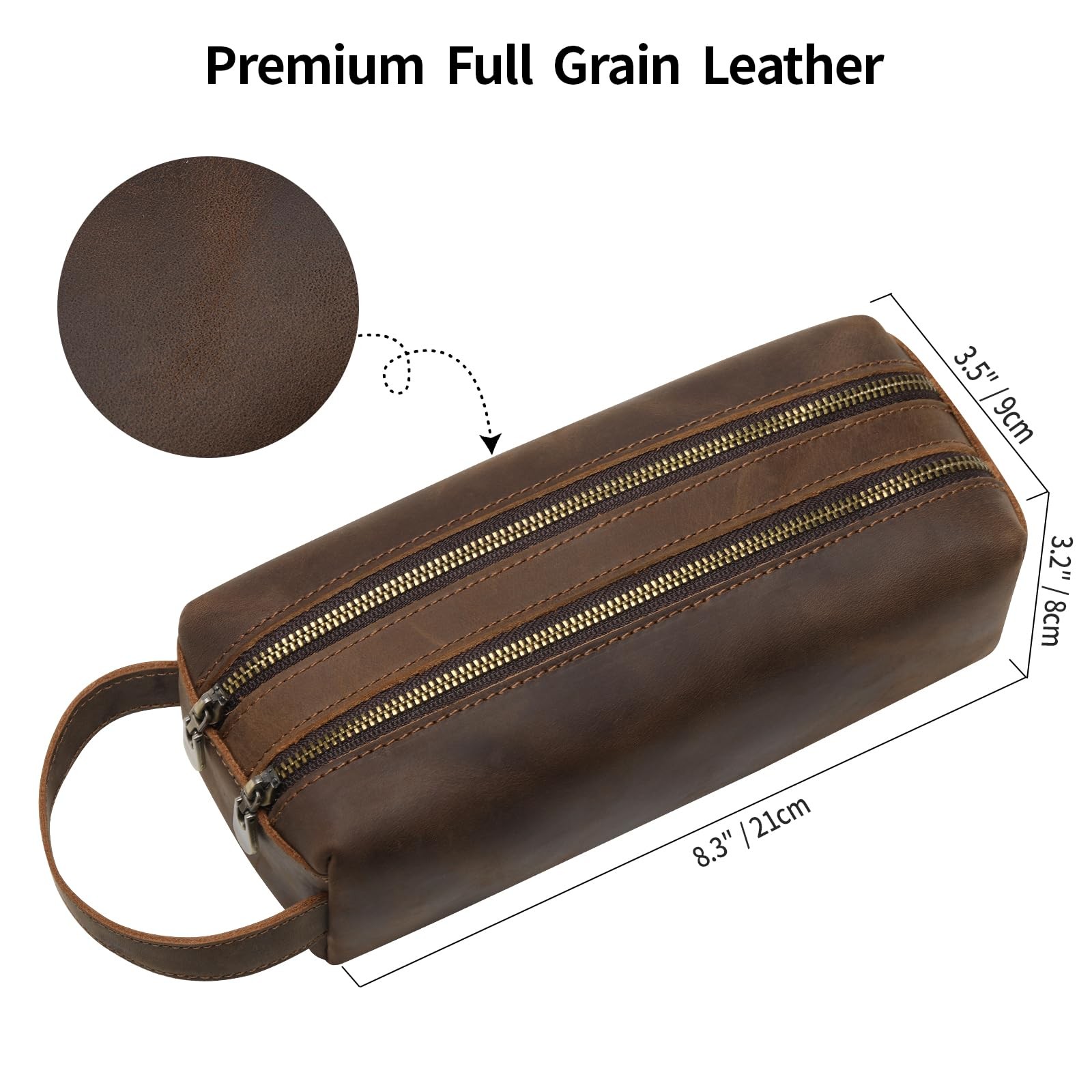 Ringsun Genuine Leather Makeup Bag, Portable 7.8in x 3in x 2.6in, Coffee