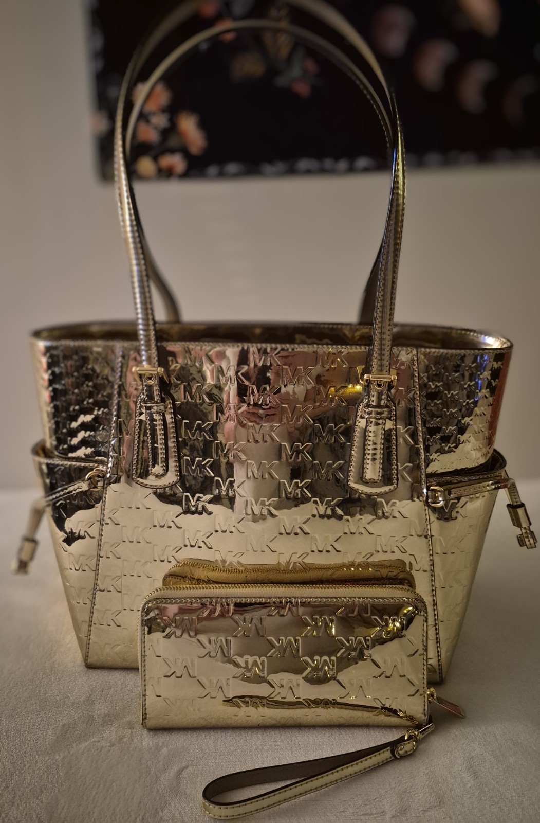 Michael Kors Gold Metallic Logo Medium Tote w Wristlet & Zip Wallet, Zip