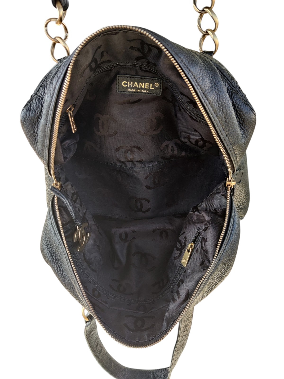 Vintage Chanel Black Leather Bowling Bag Surpique Gold CC Zip Authentic Shoulder