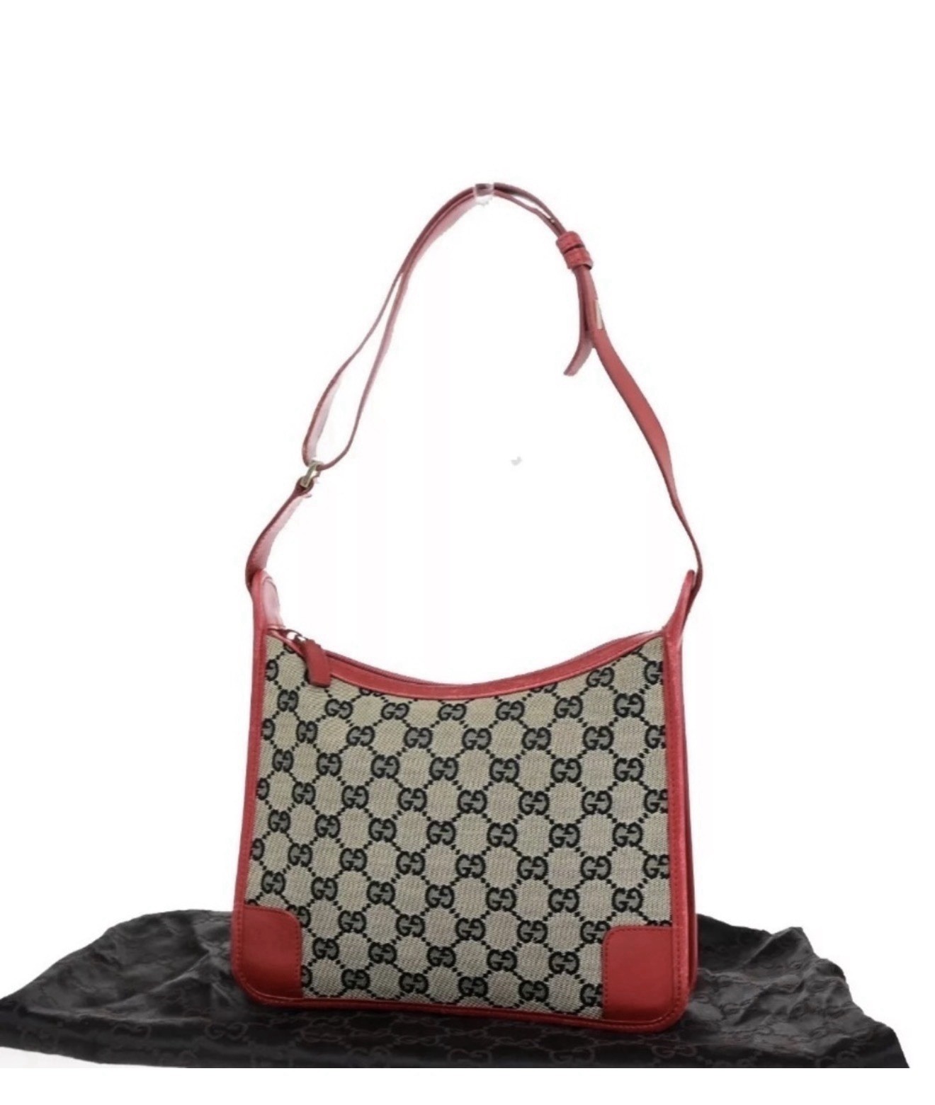 GUCCI Logo GG Pattern Canvas Leather Red Black Gold Shoulder Bag