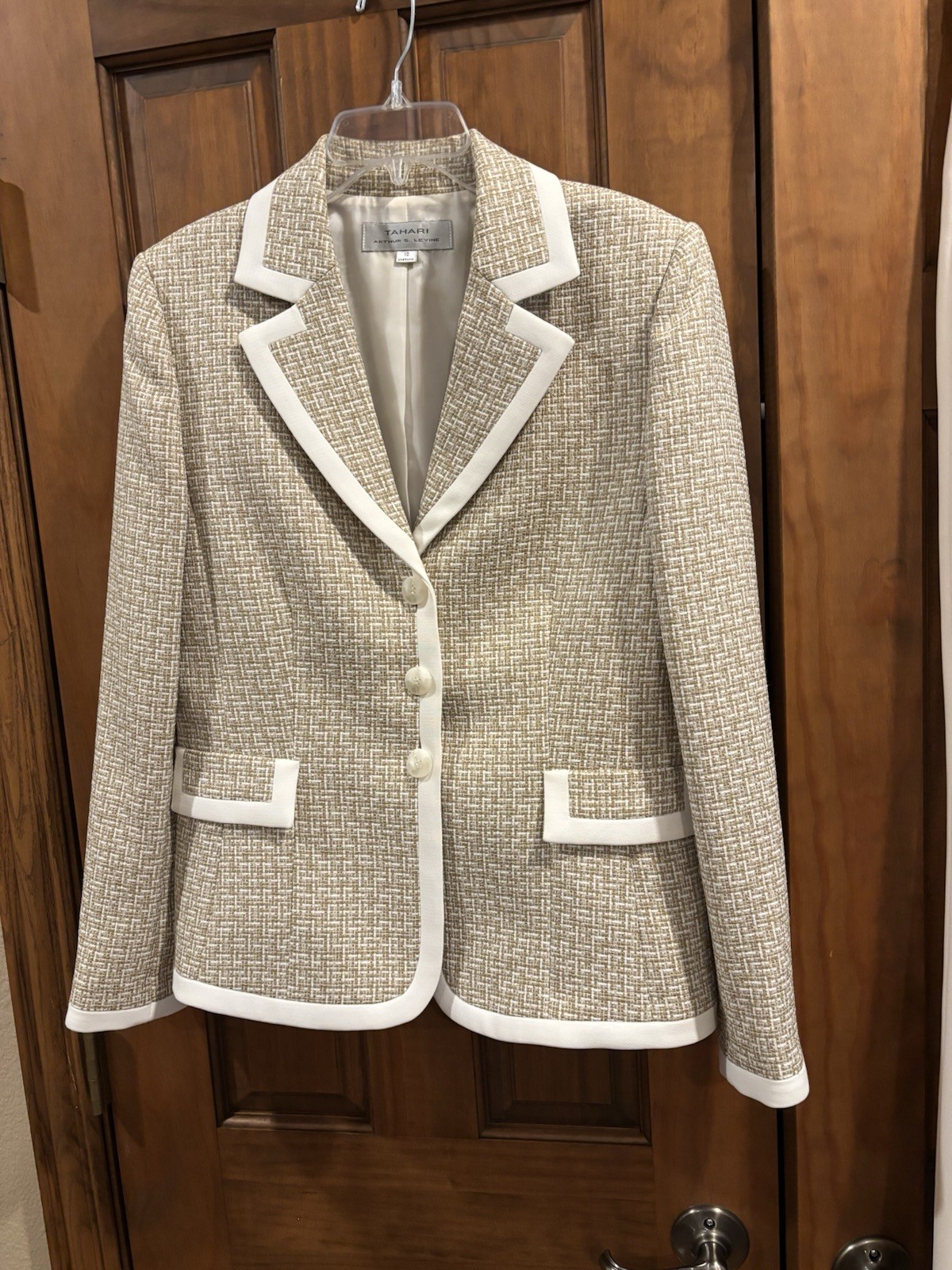 Tahari Arthur S Levine Sz 10 Pant Suit Tan Ivory Tweed Blazer 2 Pc Set Wide Leg