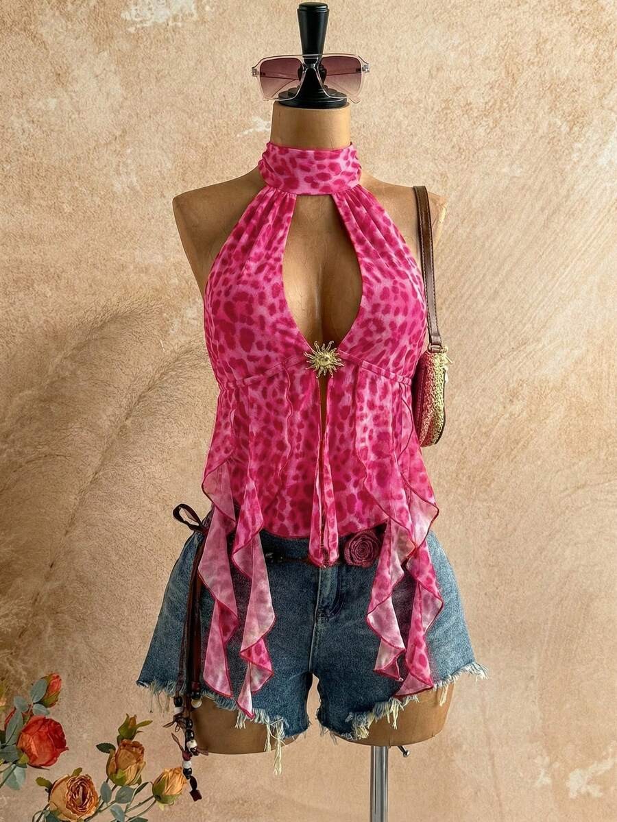 Leopard Print Halter Neck Top Backless Asymmetrical Boho Vacation Beach Blouse