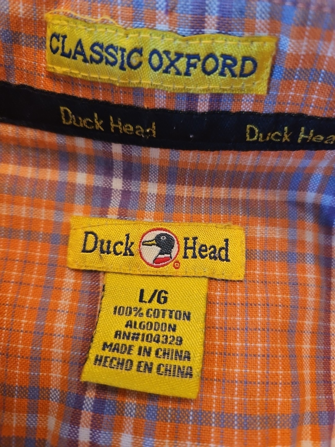 Duck Head Classic Oxford 100% Cotton Orange Plaid Button Down Shirt Men’s Size L