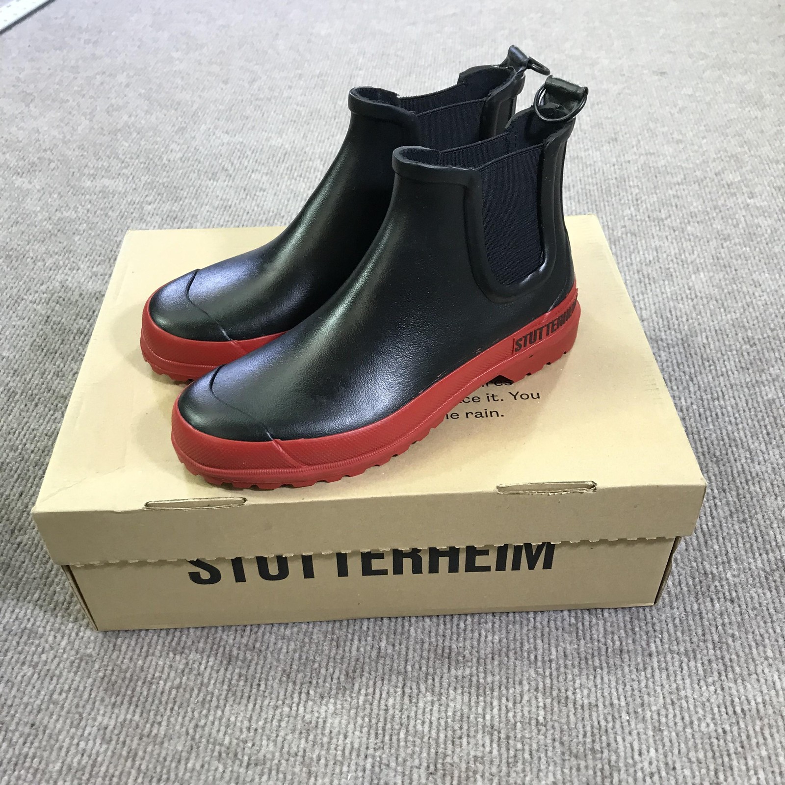 Stutterheim Boots Womens 6.5 Black Red Chelsea Rubber Ankle Rain Waterproof