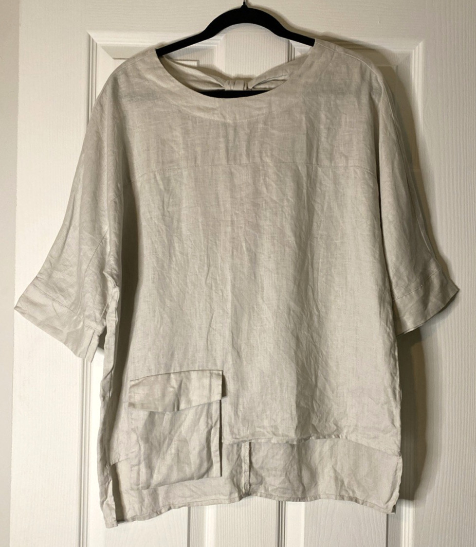 IC by Connie K Linen Asymmetric Tunic Top Shirt Small S Patch Pocket Made in USA