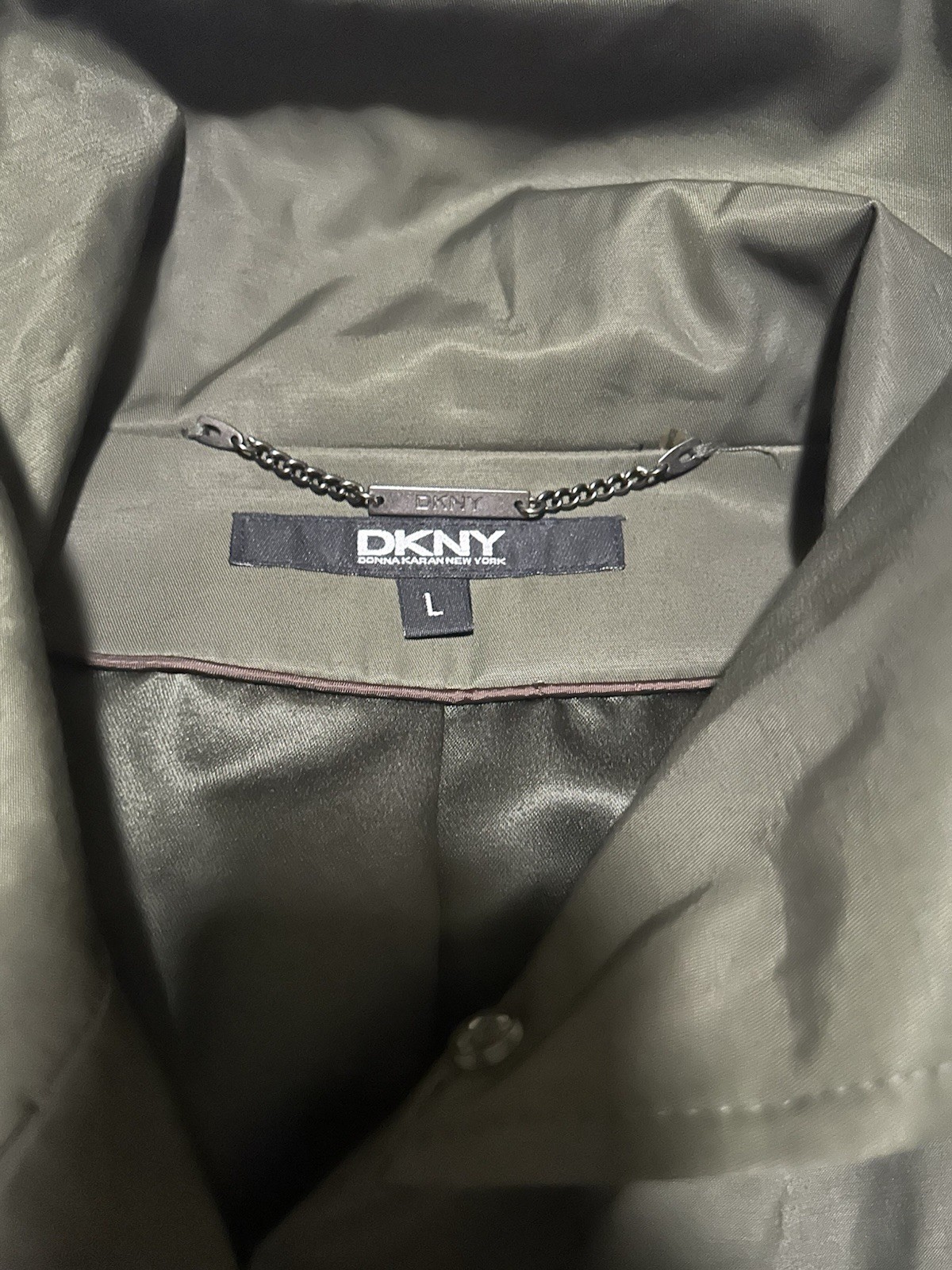 DKNY Womens L Olive Green Raincoat Lightweight Lined A Line Trench Coat