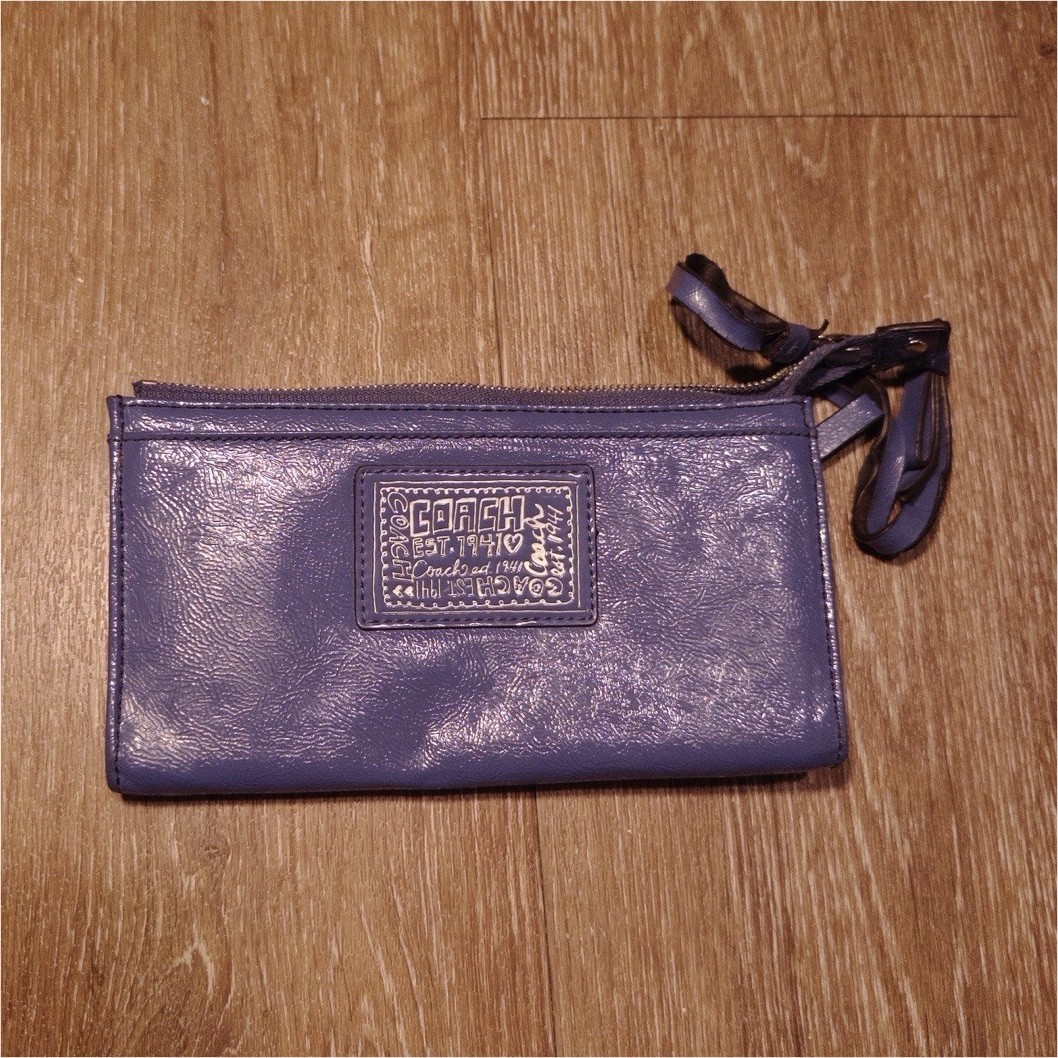 Vintage Coach Blue Solid Wristlet Wallet Zip with Wrist Strap, Logo, Credit Card