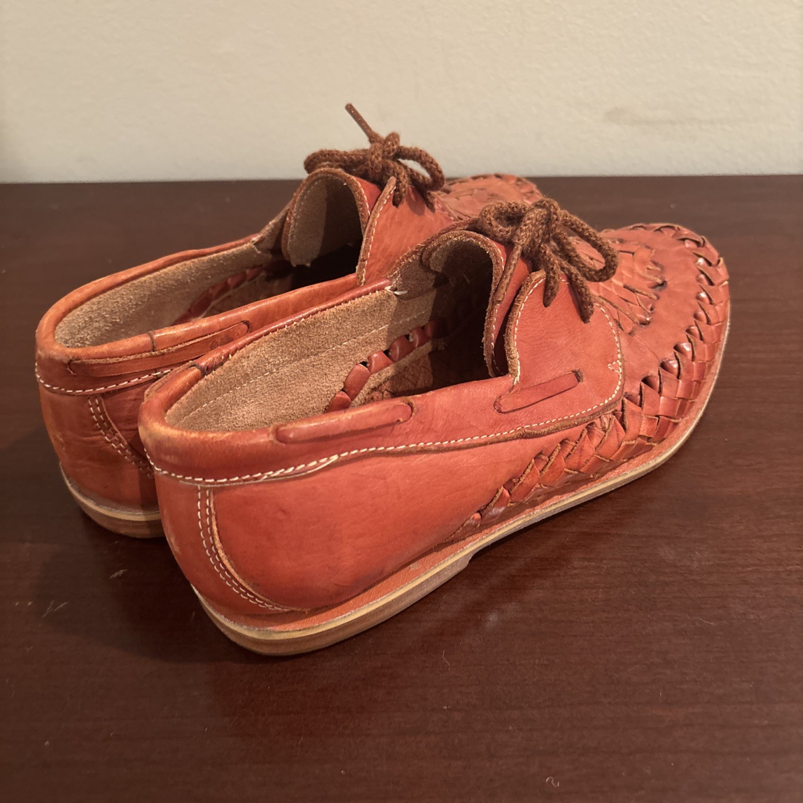 Vintage Olee Originales Tan Woven Leather Huarache Oxford Flats Lace Up Mexican