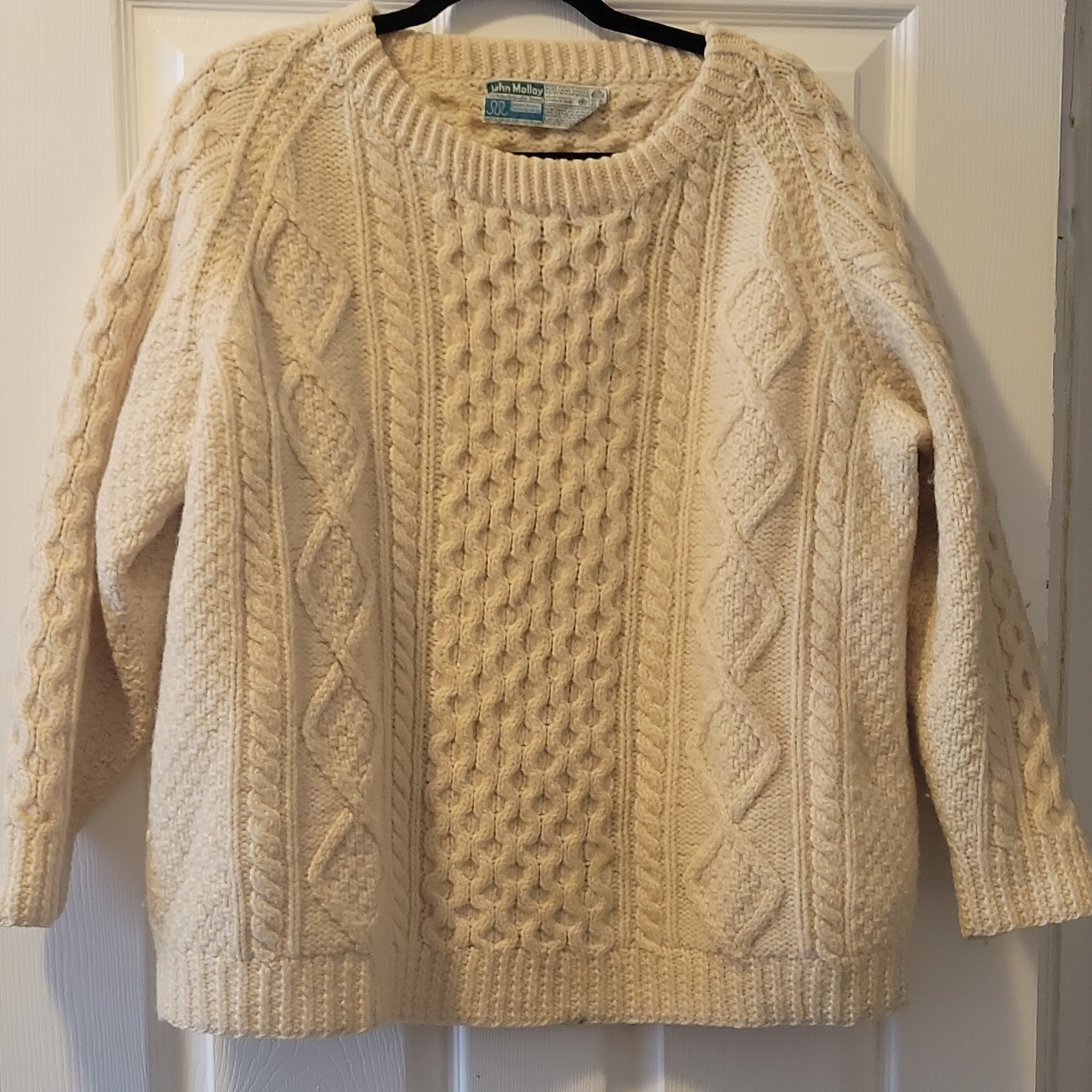 John Molloy Men’s Beige Wool Cable-Knit Crew Neck Pullover Sweater 50